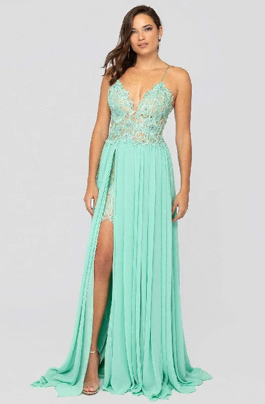 Closeout Terani Couture - 1913P8324 Floral Lace Corset Bodice High Slit Gown