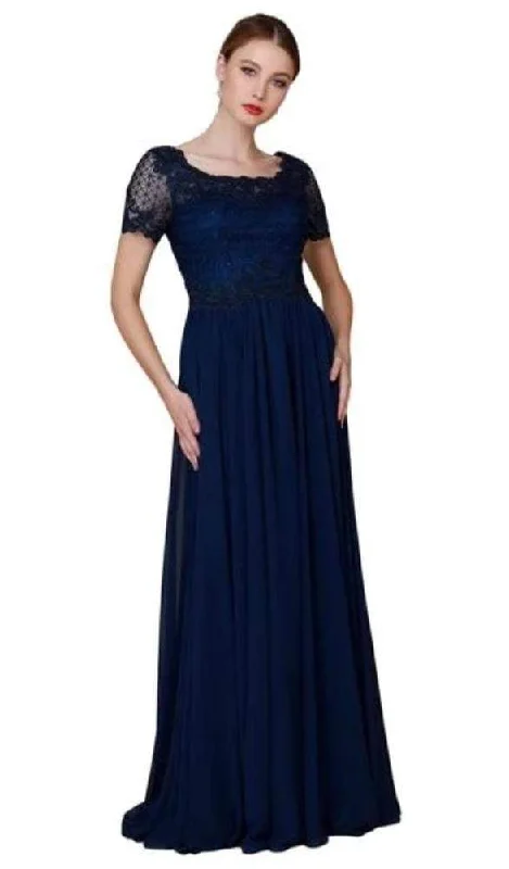 Discount Deals Nox Anabel - Lace Applique Short Sleeve Top Chiffon Dress Y514 - 2 pcs Navy Blue In Sizes XL and 3XL Available
