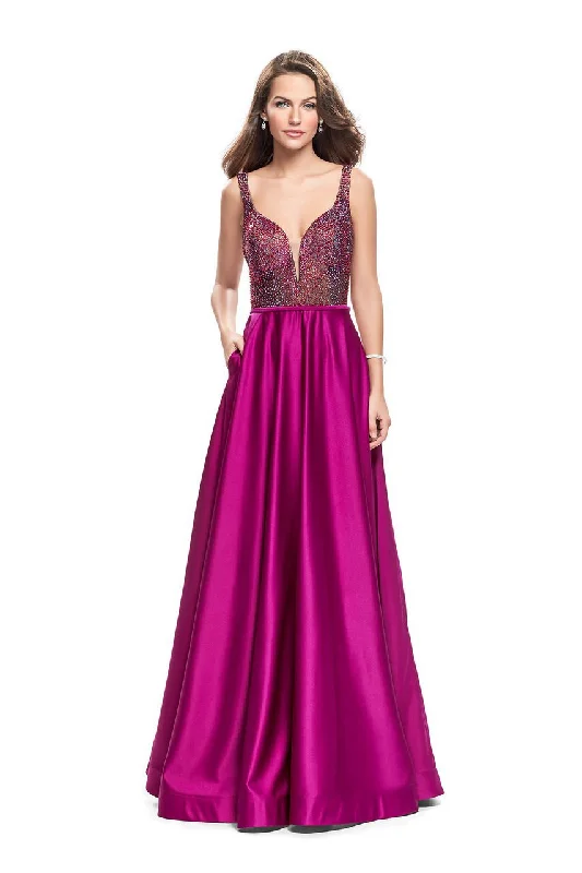 Blowout Deals La Femme - 25348 Sleeveless Crystal Crusted Plunging Satin Gown
