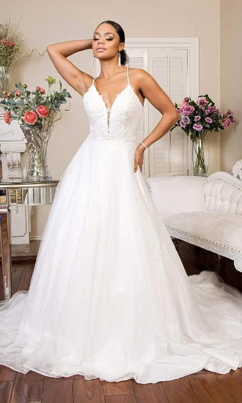 Closeout Elizabeth K - GL1905 Embroidered Deep V Neck Mesh A-line Gown