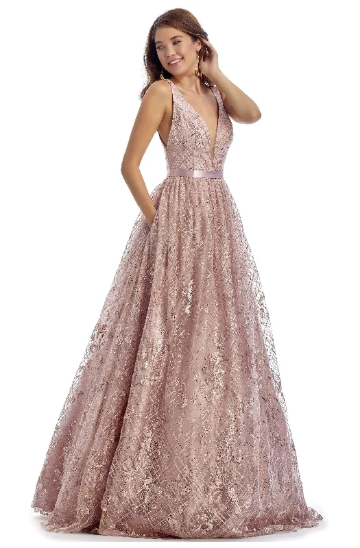 Super Bargain Clarisse - 5113 Sequined Floral Embroidered Deep V-neck A-line Gown