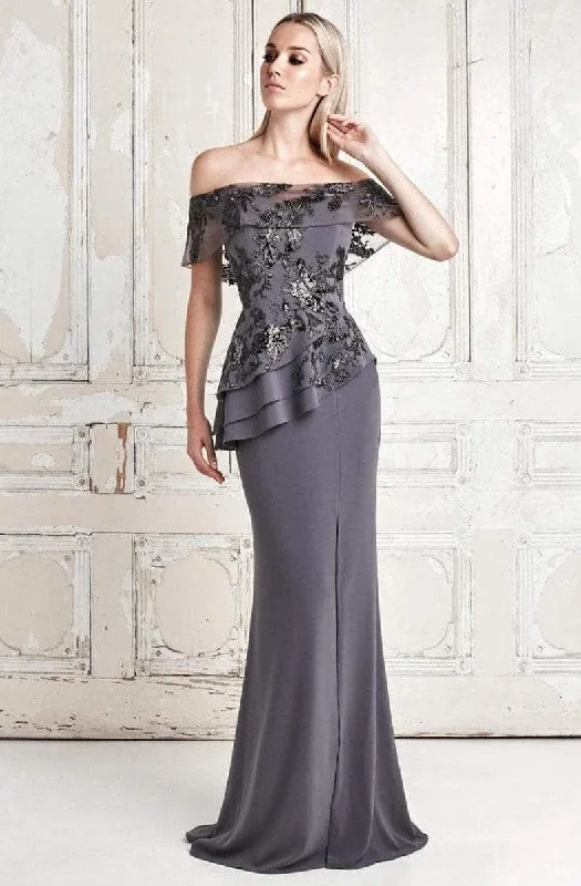 Super Sale Alexander by Daymor - Embroidered Off Shoulder Peplum Long Gown 773