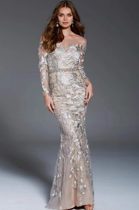 Unmissable Offer Jovani - Illusion Long Sleeve Foliage Motif Gown 55707SC - 1 pc Champagne in Sizes 6 Available