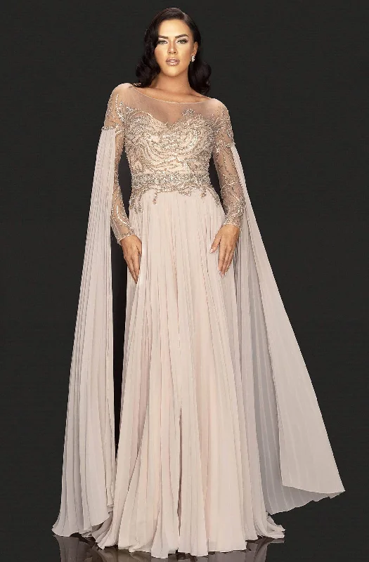 Price Reduction Terani Couture - 2011M2117 Beaded Long Sleeve Pleated Cascade Gown