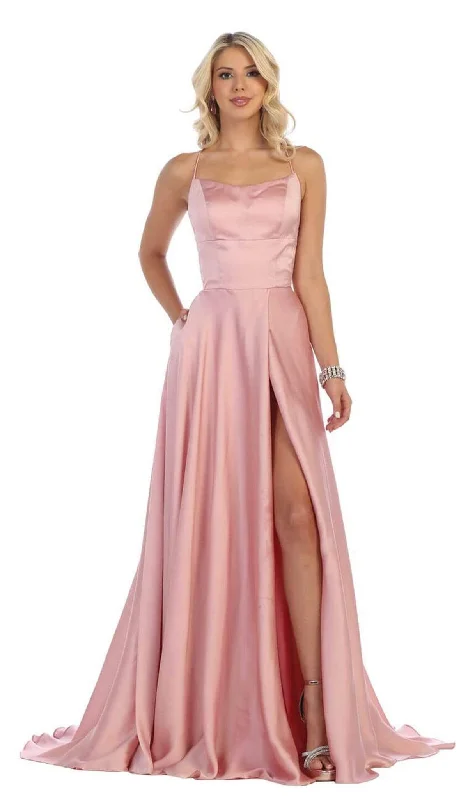 Act Fast May Queen - MQ1642 Halter Neck Tie String Back A-Line Satin Gown