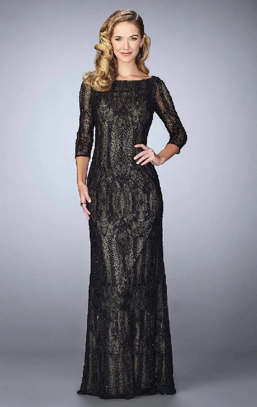 Shop and Save La Femme - 24855 Quarter Sleeve Sheer Lace Evening Gown