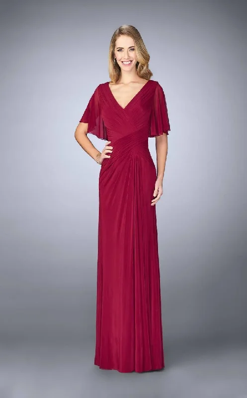 Best Bargains La Femme Ruched V Neck Criss Cross Waist Flutter Sleeves Gown 23160SC - 1 Pc Navy In Size 4 Available