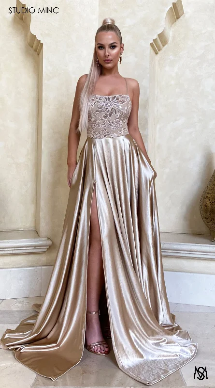 Stock Up and Save Majesty - Champagne Gold Satin Formal Dress with Leg Split