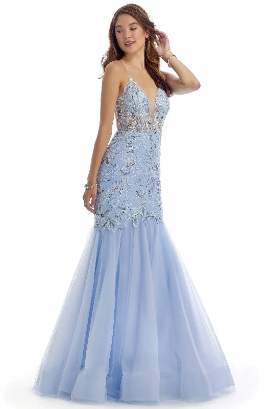 Price Drop Clarisse - 5129 Sexy V-Neck Sheer Bodice Trumpet Dress