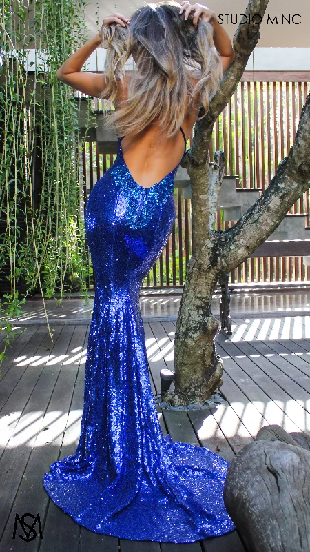 Special Price Angel - Cobalt Blue Formal Dress, Sequin V Neckline Backless embellished Fitted Mermaid