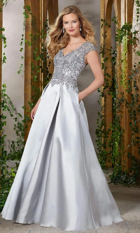 Crazy Savings MGNY By Mori Lee - Beaded Lace V-Neck Satin Dress 71904SC