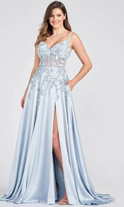 Weekend Deal Ellie Wilde - V-Neck Floral Lace Prom Gown EW122038 - 1 pc Dusty Blue In Size 8 Available