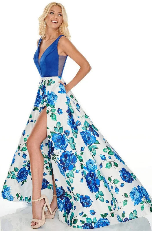 Bonus Savings Rachel Allan Prom - 7021 Plunging Neck Floral High Slit Gown