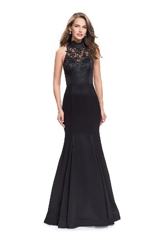 Price Drop Alert La Femme - 25792 Lace High Halter Satin Mermaid Dress
