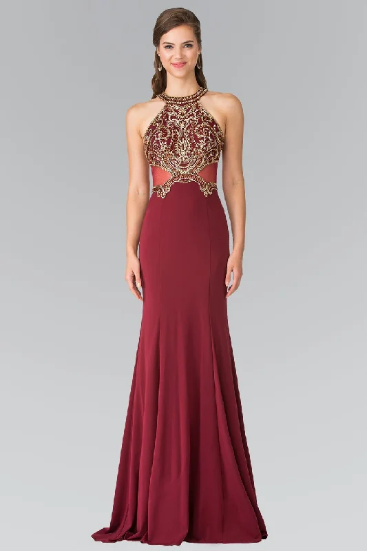 The Best Prices Elizabeth K - Bead Embellished Halter Sheer Back Evening Gown GL2328 - 1 pc Burgundy In Size XS Available