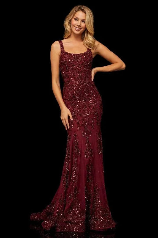 Year-End Sale Sherri Hill - Long Beaded Lace Mermaid Dress 52925 - 1 pc Burgundy In Size 12 Available