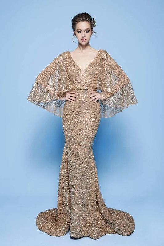 Final Clearance MNM Couture - N0245 Sequin Embellished Mermaid Gown with Cape Sleeves