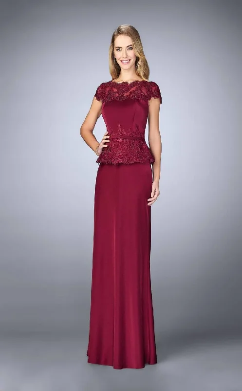 Price Rollback La Femme Bateau Neck Festooned Peplum Evening Gown 23444SC - 1 pc. Navy in Size 6 and 1 pc Crimson in Size 14 Available