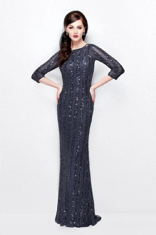 Super Sale Primavera Couture - 1719 Sheer Quarter Sleeve Embellished Evening Gown - 1 pc Charcoal In Size 2 Available
