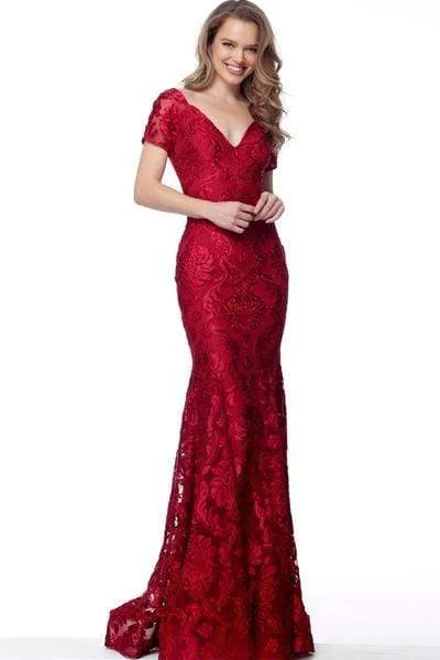 Fantastic Offers Jovani - Short Sleeve Lace Embroidered Fitted Evening Dress 68446SC- 1 pc Burgundy In Size 6 and 1 pc Navy in Size 4 Available