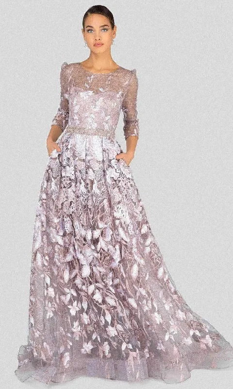 Inventory Reduction Terani Couture - 1913M9408 Quarter Sleeve Embroidered Sheer Ballgown