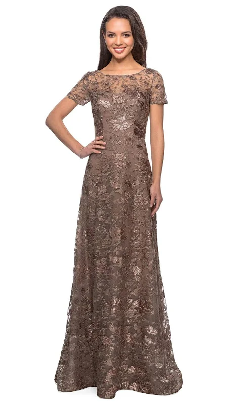 Closeout La Femme - Floral Adorned Illusion Bateau Long Gown 27839SC