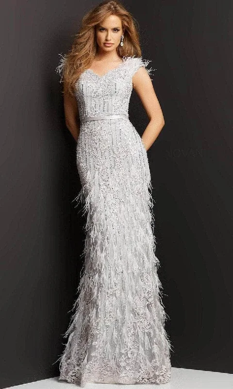 Super Savings Jovani - Cap Sleeve Feathered Long Dress 03108SC