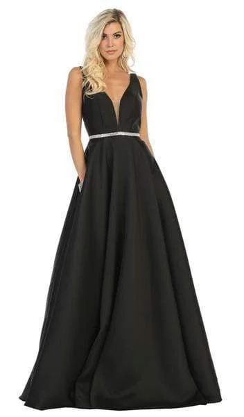Sale Event May Queen - Illusion Plunging Neck Sleeveless Satin A-Line Gown MQ1683