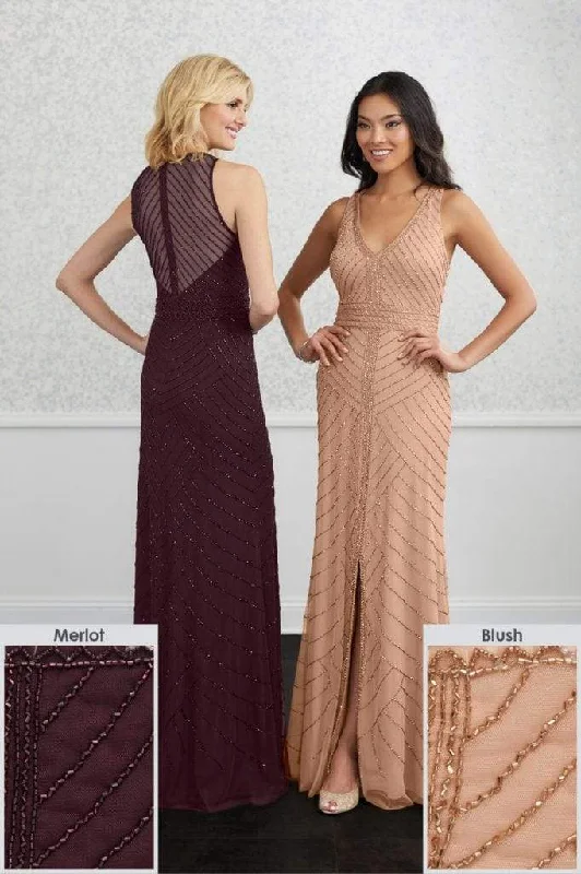 Overstock Sale Adrianna Papell Platinum - 40230 Beaded V-Neck Dress with Slit