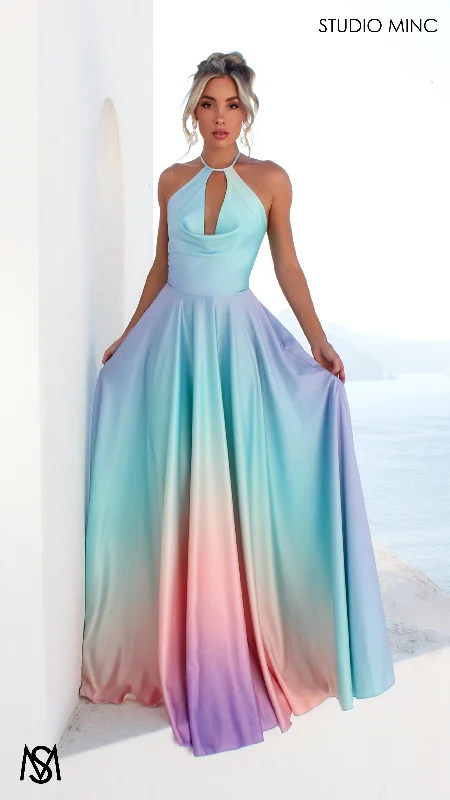Big Savings SUNSET BLUE - Blue Multi Colour Formal Dress, Satin High Neck Plunge & Backless