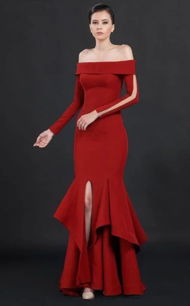 Special Savings MNM COUTURE - N0043 Ruffled Off Shoulder Trumpet Gown - 1 pc Red In Size 14 Available