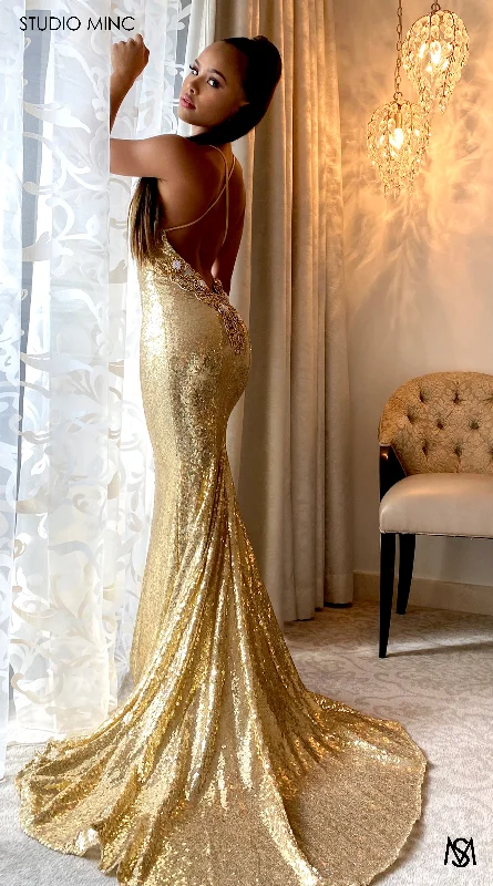 Discount Mania ANGEL - Gold Sequin Backless Formal Dress with Hand Sewn Beading