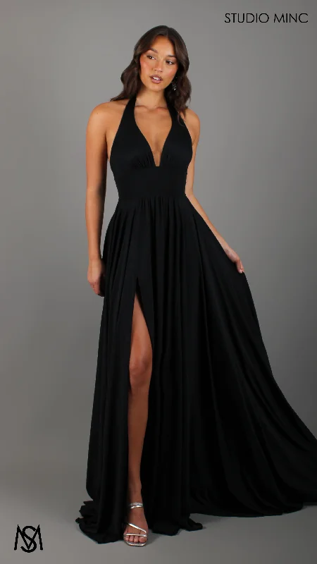 Clearance Sale LOVE - Black Flowy Formal Dress with Plunge Neckline & Leg Split