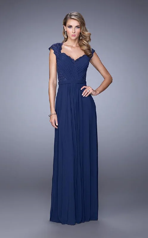 Exclusive Online Offer La Femme - Ruched V Neck Cap Sleeves Sheath Long Gown 21685SC - 1 pc Navy In Size 4 Available