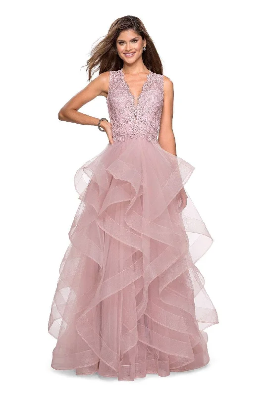 Don’t Miss Out La Femme - 27570 Plunging V-Neck Layered A-Line Dress