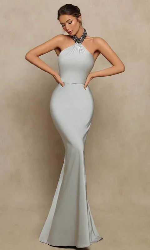 Deep Discounts Tarik Ediz - Beaded High Halter Fitted Prom Dress 98017