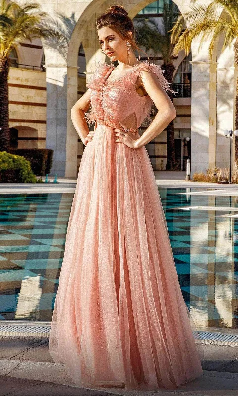 Fantastic Offers MNM Couture M1098 - Feather Trimmed Evening Gown