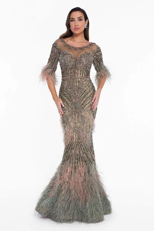 Special Offer Terani Couture - 1821GL7412 Feather Ornate Illusion Scoop Beaded Gown