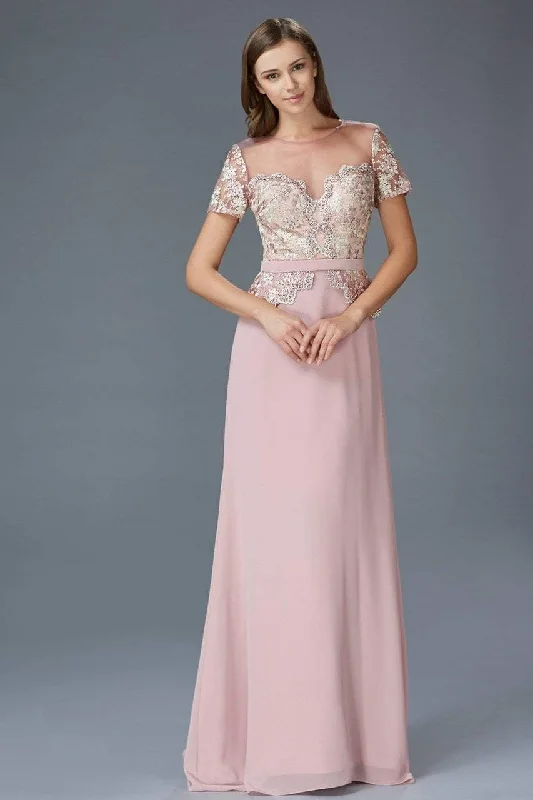 Weekend Deal Elizabeth K - GL2100 Lace Embellished Illusion Jewel Neck Dress