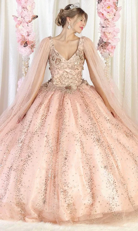 Closeout Sale May Queen LK205 - Floral Appliqued V-Neck Ballgown