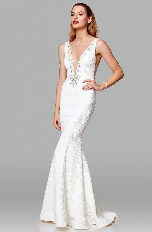 New Deals Clarisse - 600129 Embellished Deep V-neck Mermaid Dress