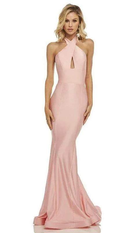 Sneak Peek Sale Sherri Hill - Satin Cross Halter Mermaid Dress With Train 52784