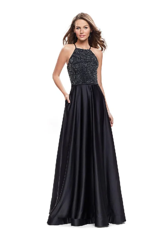 Savings Galore La Femme - 25601 Beaded Halter Back Cutout Dress