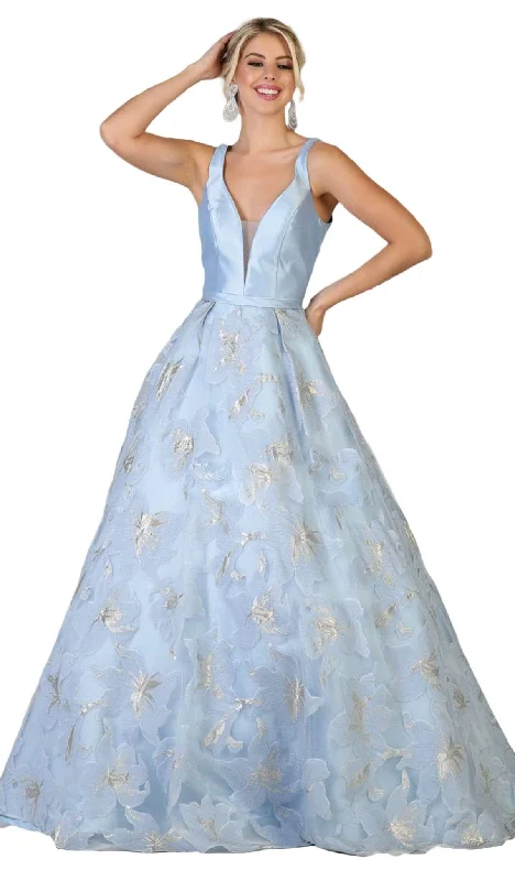 Value Deals May Queen - RQ7730 Plunging V-Neck Floral Ballgown