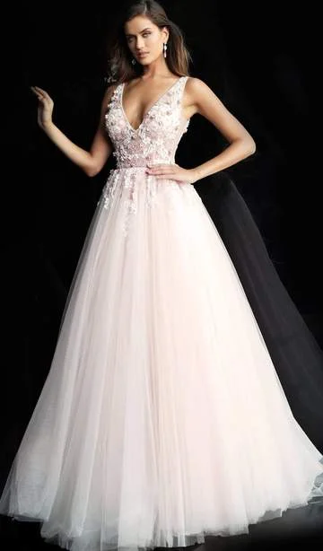 YEAR-End Clearance Jovani - Floral Embellished Plunging V-Neck Pleated Ballgown 61109SC
