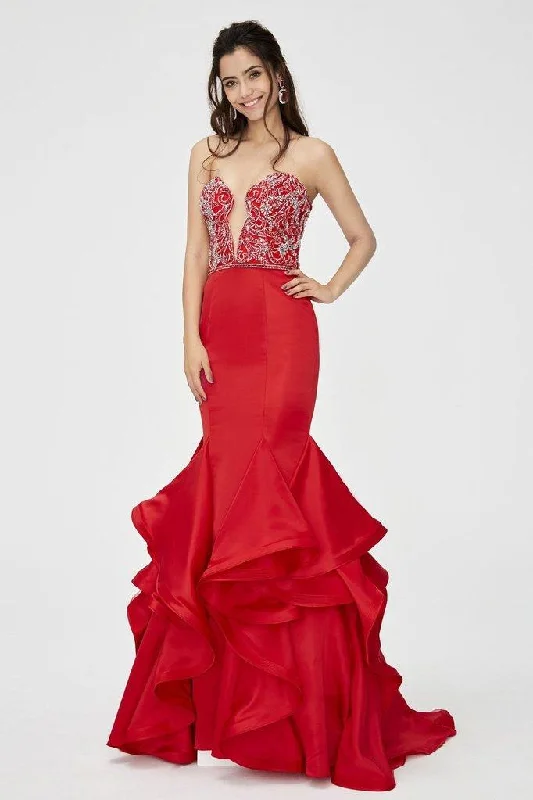 Loyalty Reward Angela & Alison  - 81139 Beaded Embellished Plunging Illusion Neck Ruffled Mermaid Gown - 1 pc Hot Red in Size 6 Available
