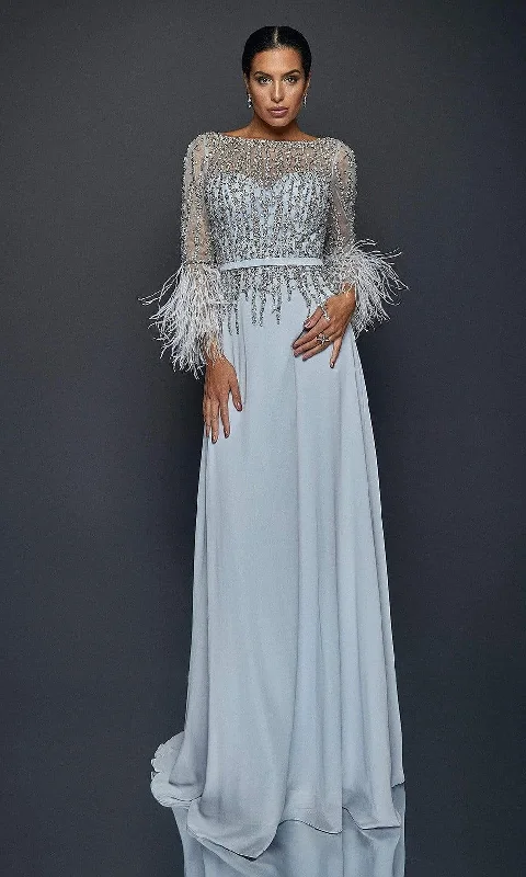 Flash Sale Terani Couture - 1921M0473 Feather-Fringed Quarter Sleeve Jeweled Gown
