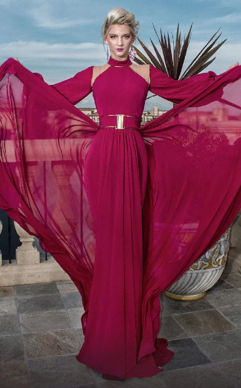 Today’s Special MNM Couture - 2480A High Neck Long Puff Sleeved Gown with Overskirt