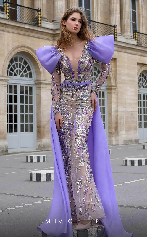 Customer Appreciation Sale MNM Couture K4075 - Bow Sleeve Embellished Illusion Gown