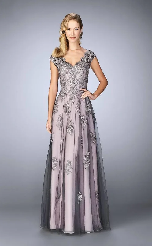 Bonus Savings La Femme - V-Neck Two Tone Lace Evening Gown 23449SC